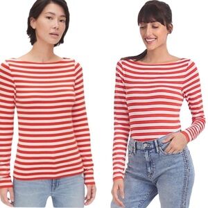 GAP Stripe Boat Neck With Long Sleeves Top/Tee Red Size Medium